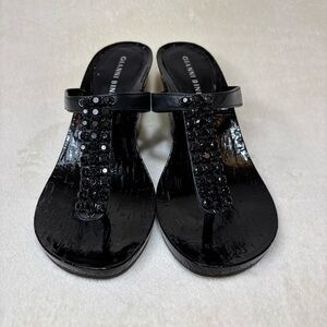 Gianni Bini Rhinestone Adorned Wedges Thong Sandals Black Leather Sz 7M